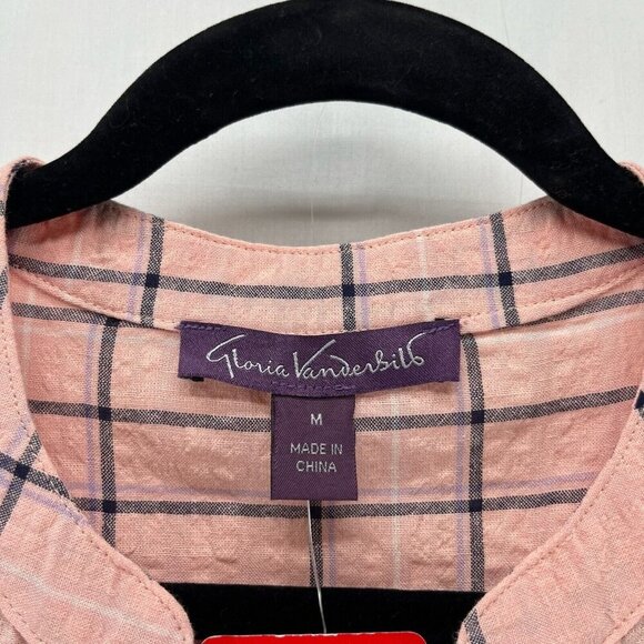 Gloria Vanderbilt Blouse Size M Seersucker Plaid Popover Short Sleeve Pink - Picture 7 of 11